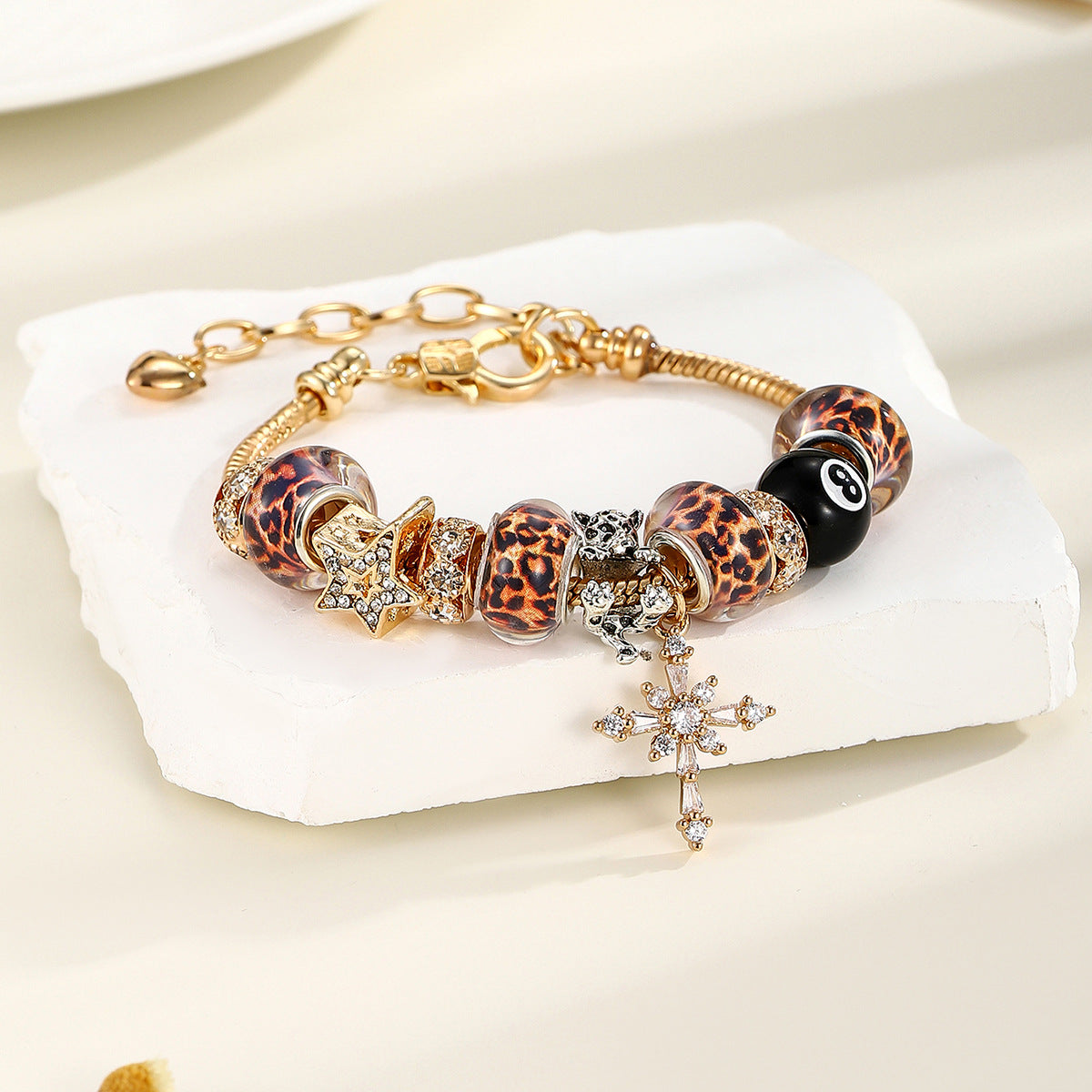 Leopard print cross stainless steel beaded bracelet
